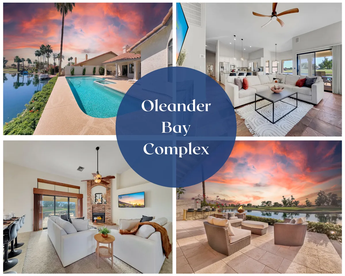 The image showcases an inviting backyard with a sparkling swimming pool, plush outdoor seating around a cozy fireplace, and an open view into the stylish living and dining areas. The setting is framed by tranquil waterfront scenery and a glowing sunset sky, creating an atmosphere perfect for relaxation and gathering.